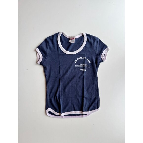 Vintage 70's ENCO ORIGINALS Navy Polycotton Jersey Ringer Baby T-Shirt, Size S - Picture 1 of 14